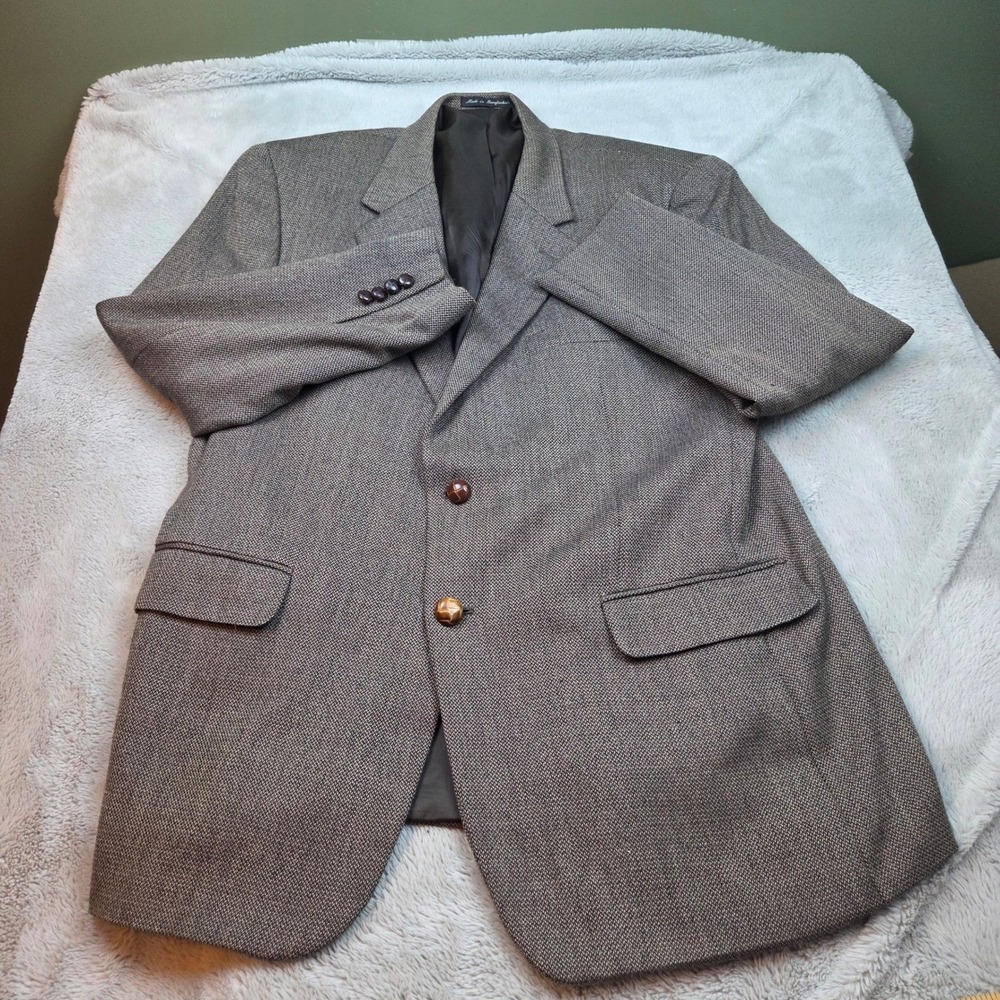 Savile Row Wool Sport Coat Mens 44R Two Button Micro Check Blazer‎ Jacket Brown